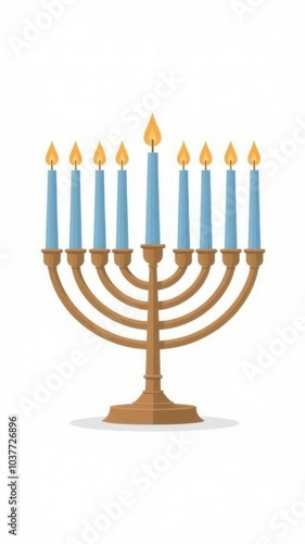 Elegant brass menorah with blue candles lit for hanukkah celebration on white background concept of jewish festival of lights