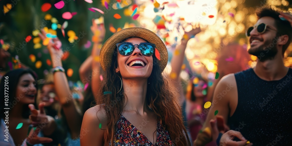 Woman in straw hat smiles at confetti falling. Woman in straw hat smiles at confetti falling.