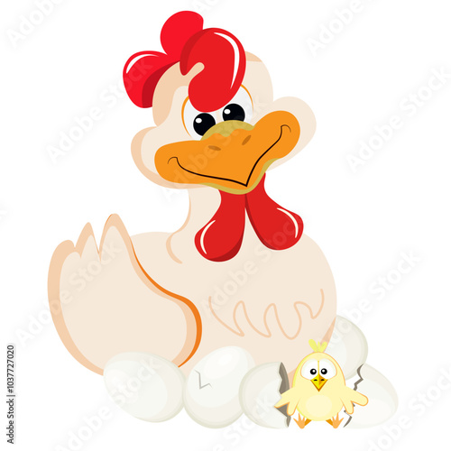 Chicken with eggs and a chicken hatched from an egg