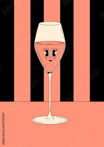 Retro wine festival poster. Groovy character pink wine glass with face and empty space. Vintage vector illustration