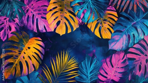 Fluorescent oil painting featuring a vibrant layout of tropical leaves in a flat lay arrangement showcasing nature with neon colors and creative design elements