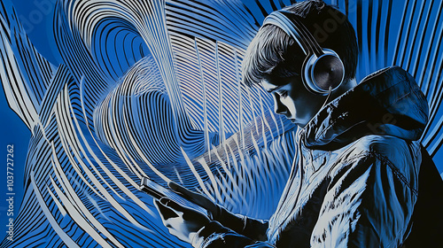 Teenager with Mobile phones and Headphones with abstract background