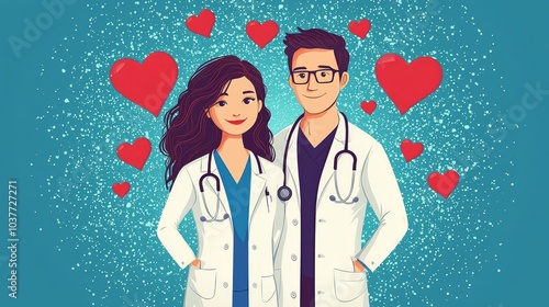 Cartoon doctors couple surrounded by hearts on teal background photo