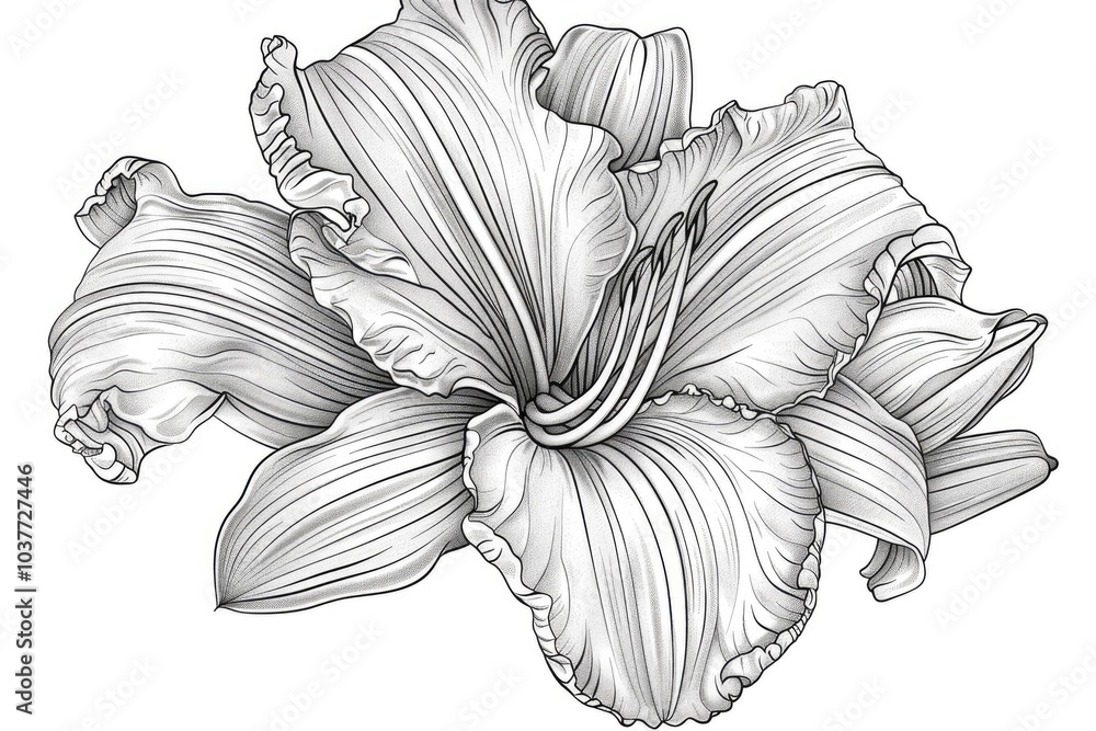 Fototapeta premium Coloring book illustration of a vibrant Daylily with apricot petals and intricate details on a blank background