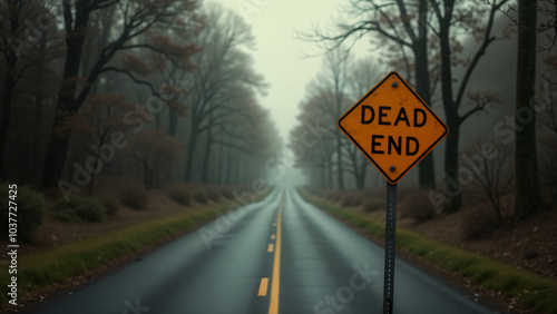 A thought-provoking depiction of a dead-end sign at the conclusion of a tranquil road, symbolizing lifeÆs unexpected turns and the contemplative nature of journeys.