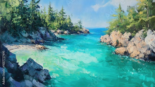 Oil painting capturing a stunning coastal scene with turquoise waters and rocky shores featuring lush evergreen trees in a beautiful summer landscape