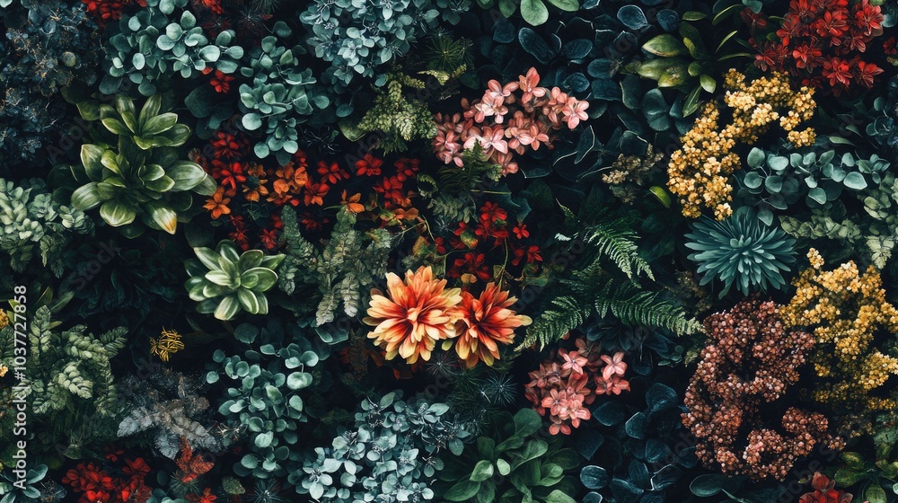 Floral texture featuring a variety of plants Unique flower pattern design Floral texture featuring a variety of plants Unique flower pattern design