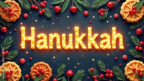 Festive hanukkah display with glowing lettering surrounded by waffles, pine branches, and berries celebrating the festival of lights photo