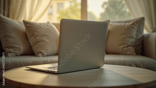 Serene Setting Featuring a Laptop on a Coffee Table, Inviting Relaxation and Inspiration