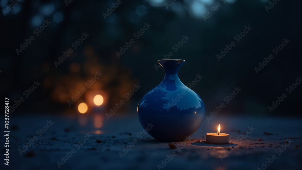 An Elegant Blue Vase Sitting on the Ground at Dusk Surrounded by Softly Glowing Candlelight An Elegant Blue Vase Sitting on the Ground at Dusk Surrounded by Softly Glowing Candlelight