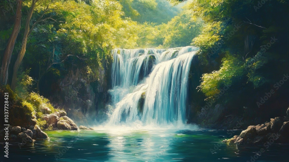 Obraz premium Oil painting of a panoramic and enchanting waterfall amidst a lush deep forest