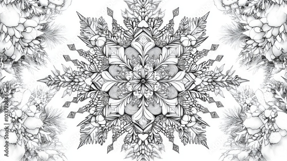 Intricate black and white line art of a distinctive snowflake design featuring creative geometric patterns and winter nature themes in a kaleidoscopic style Intricate black and white line art of a distinctive snowflake design featuring creative geometric patterns and winter nature themes in a kaleidoscopic style