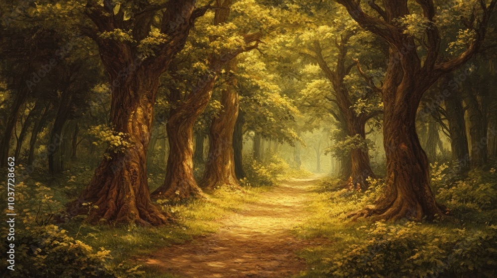 Obraz premium Oil painting depicting a stroll through a forest capturing the essence of nature and the tranquility of the woods