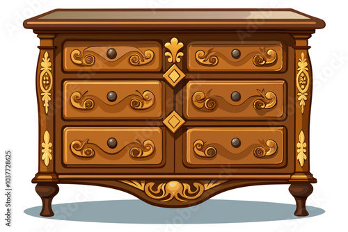 Antique wood carved chest of drawers vector art illustration