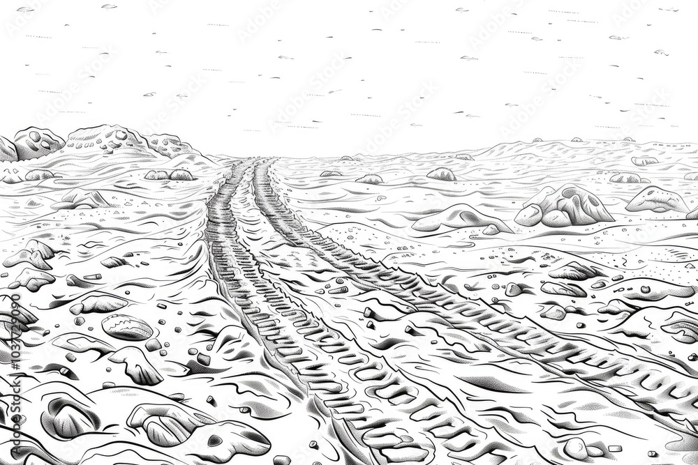 Fototapeta premium Coloring book illustration of vehicle tracks in sandy terrain