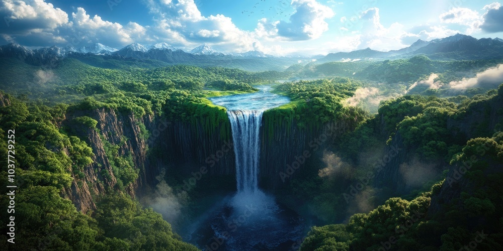 Fototapeta premium A vast landscape featuring a river and a stunning waterfall during summer, perfect for tourism and recreation activities