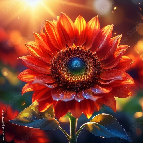 A close-up of a red sunflower in morning sun, perfect for cosmetics and bouquets, with bokeh.