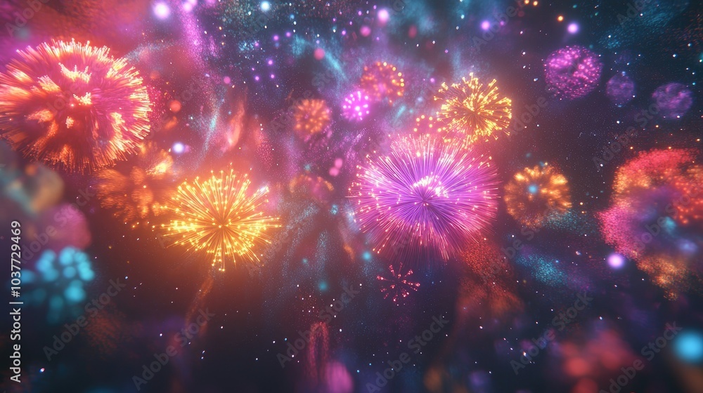 Fototapeta premium 3D cartoon rendering featuring vibrant colorful fireworks in a cosmic background showcasing the beauty of the universe with abstract elements like galaxies stars and neon glow under ultraviolet an