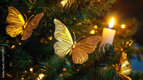 Glowing golden butterflies and a candle on a Christmas tree, adding a magical and festive touch to holiday decorations.