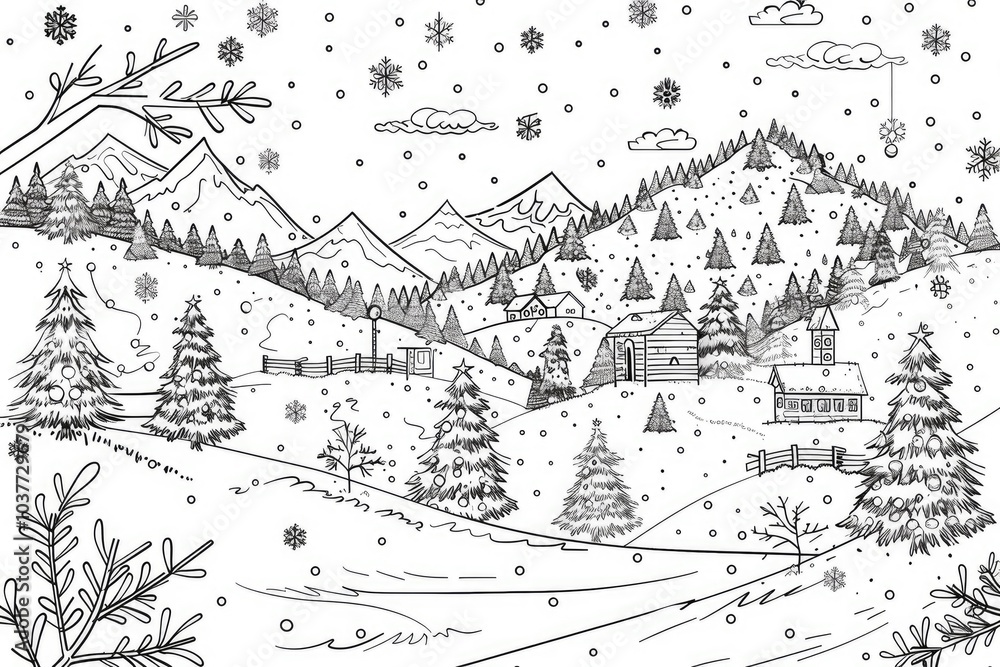 Fototapeta premium Coloring book illustration of winter scenery and activities