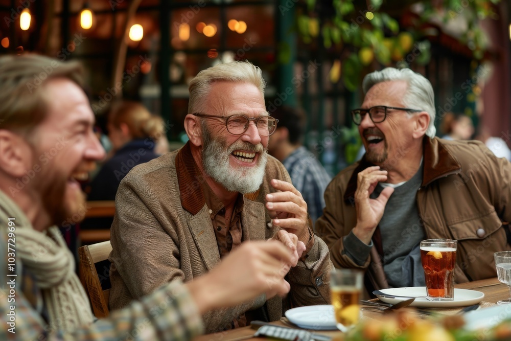 Group of senior friends sitting at a table in a pub, talking and laughing Group of senior friends sitting at a table in a pub, talking and laughing