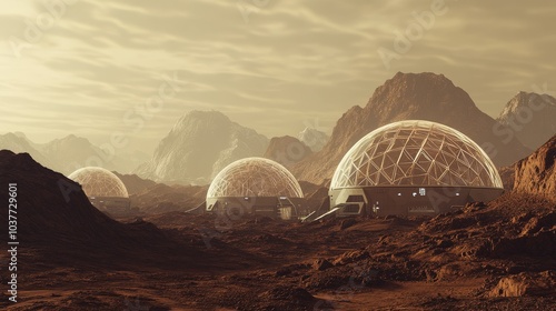 A robotic space colony on Mars, self-sustaining with automated habitats and terraforming technologies, Martian colonization style photo