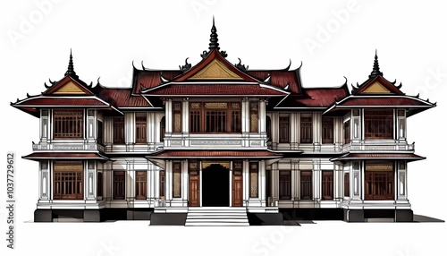 Design of historical buildings of the Javanese kingdom isolated on white background. Illustration of modern Javanese royal buildings. Generate AI