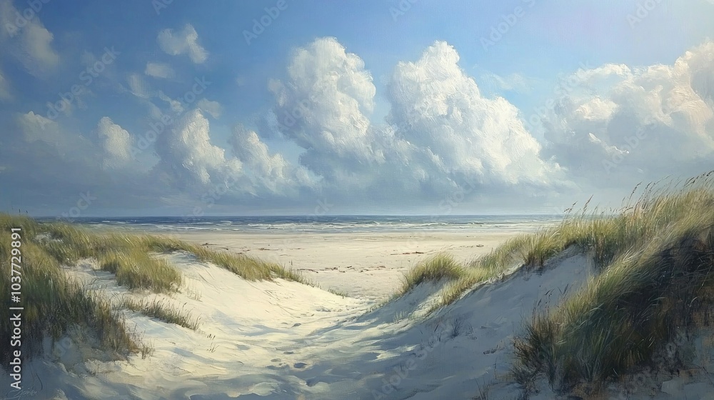Oil painting depicting a panoramic view of coastal dunes beach and sea showcasing a breathtaking natural landscape Oil painting depicting a panoramic view of coastal dunes beach and sea showcasing a breathtaking natural landscape