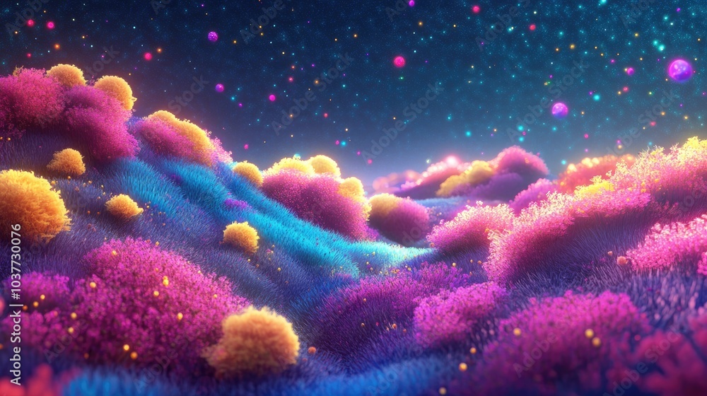 Fototapeta premium Colorful cosmos fields in a 3D cartoon rendering