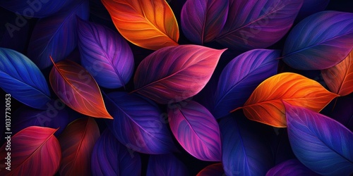 Multicolored leaves create a decorative background pattern, Colorful leaves form a decorative backdrop pattern