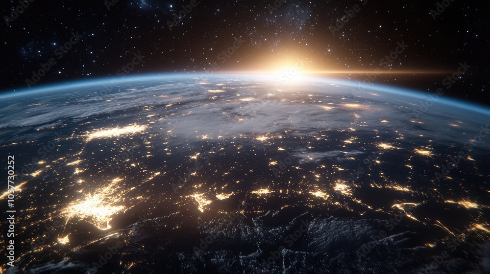 Global network and data exchange depicted in a 3D cartoon rendering showcasing Earth at night with city lights visible from orbit Global network and data exchange depicted in a 3D cartoon rendering showcasing Earth at night with city lights visible from orbit