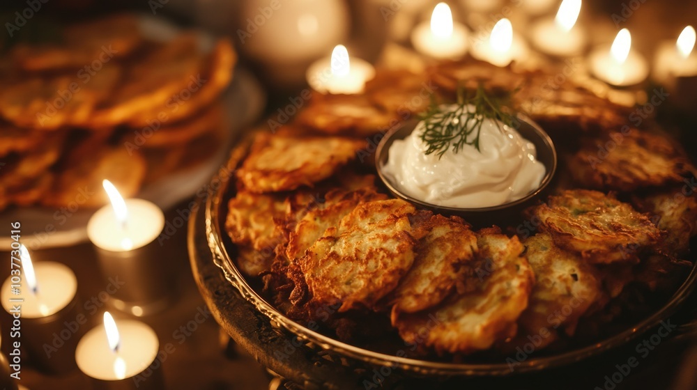 Golden potato latkes on rustic plate with sour cream and lit candles for hanukkah celebration Golden potato latkes on rustic plate with sour cream and lit candles for hanukkah celebration