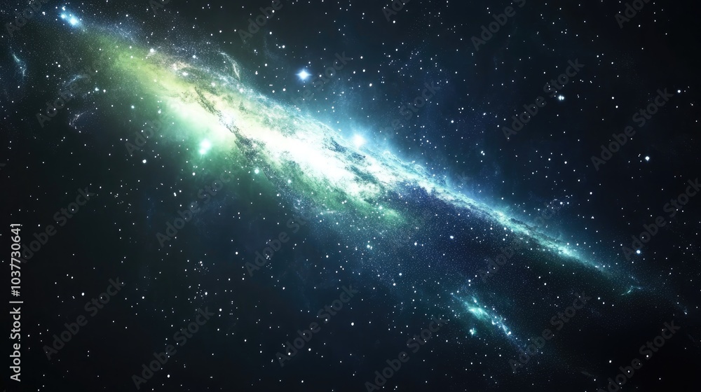 Obraz premium Horizontal high quality illustration of a galaxy with stardust and bright shining stars illuminating the space featuring northern lights in a 3D cartoon rendering style