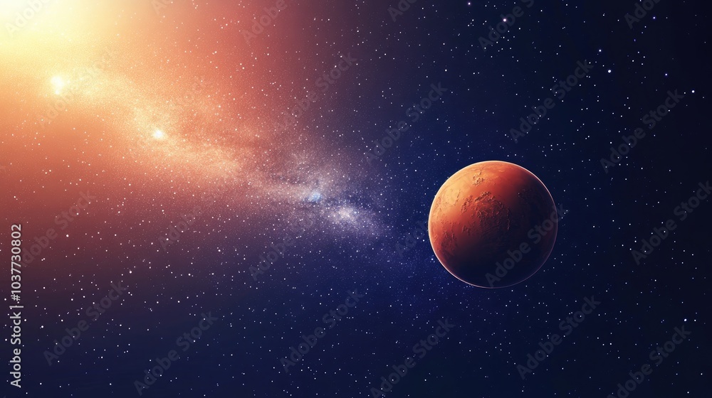 3D cartoon illustration featuring planet Mars set against the backdrop of the Milky Way galaxy and the sun 3D cartoon illustration featuring planet Mars set against the backdrop of the Milky Way galaxy and the sun