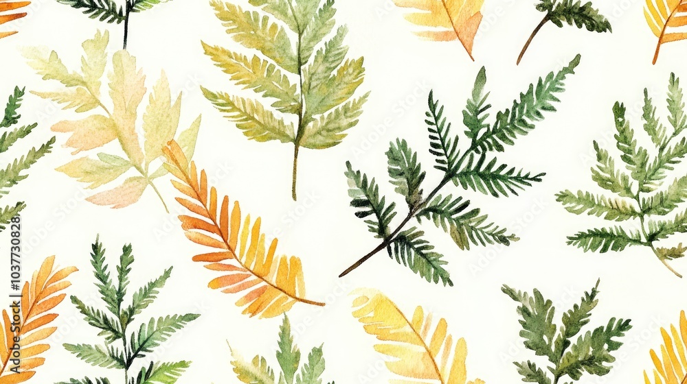 Fototapeta Seamless watercolor pattern featuring boho style fern branches and leaves ideal for summer clothing textile and surface design