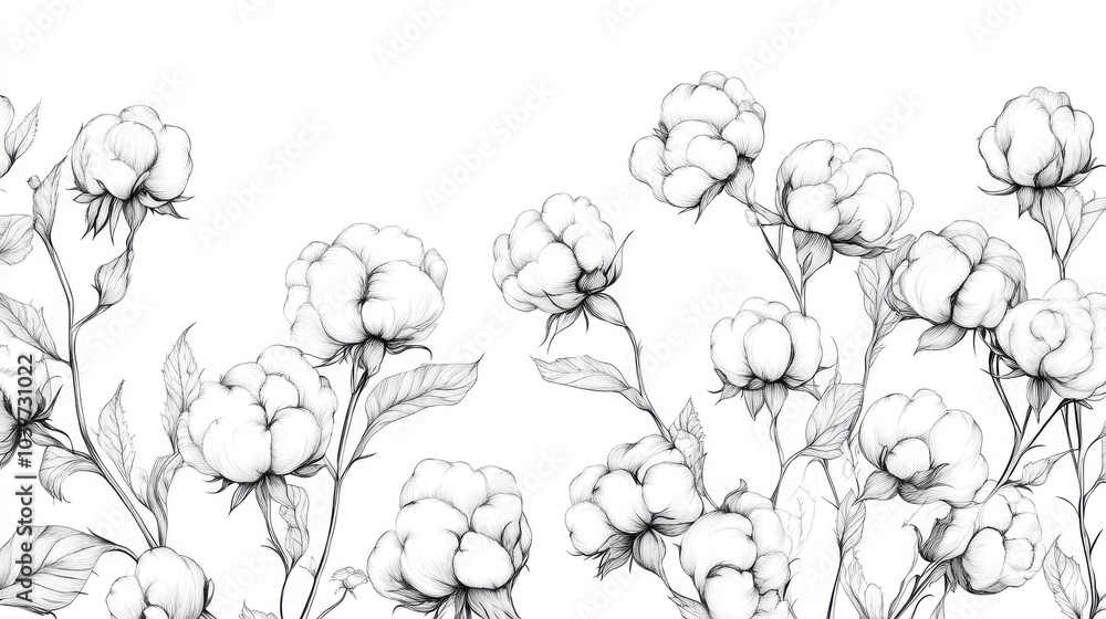 Hand drawn line art illustration of cotton flowers and cotton balls on a white background Black and white floral design featuring fine line details of the cotton plant Hand drawn line art illustration of cotton flowers and cotton balls on a white background Black and white floral design featuring fine line details of the cotton plant