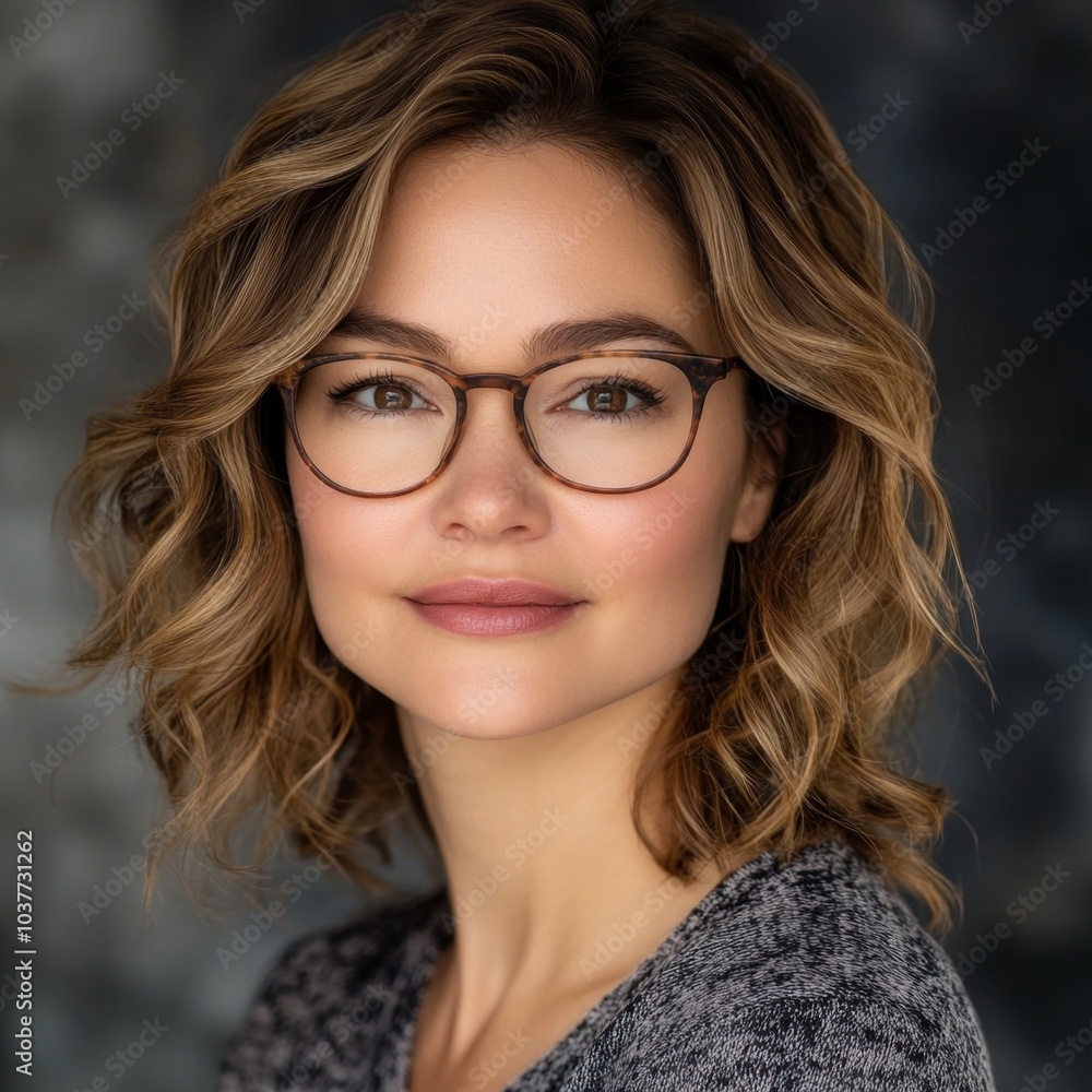Obraz premium Headshot of a woman with glasses, shoulder-length curly brown hair, wearing business casual
