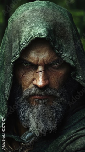 mid aged man. Black and grey beard. Hooded with green cloak photo