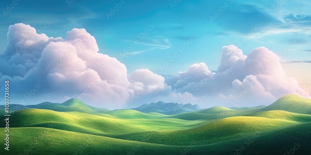 Panoramic landscape of a vibrant green field with rolling yellow and salad hills and mountains in a serene countryside during the spring season Panoramic landscape of a vibrant green field with rolling yellow and salad hills and mountains in a serene countryside during the spring season
