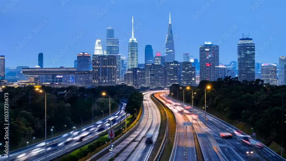 High-rise buildings and illuminated highways in a modern city at dusk. Aerial view time lapse video of urban skyline with traffic light trails. Cityscape and metropolitan concept.