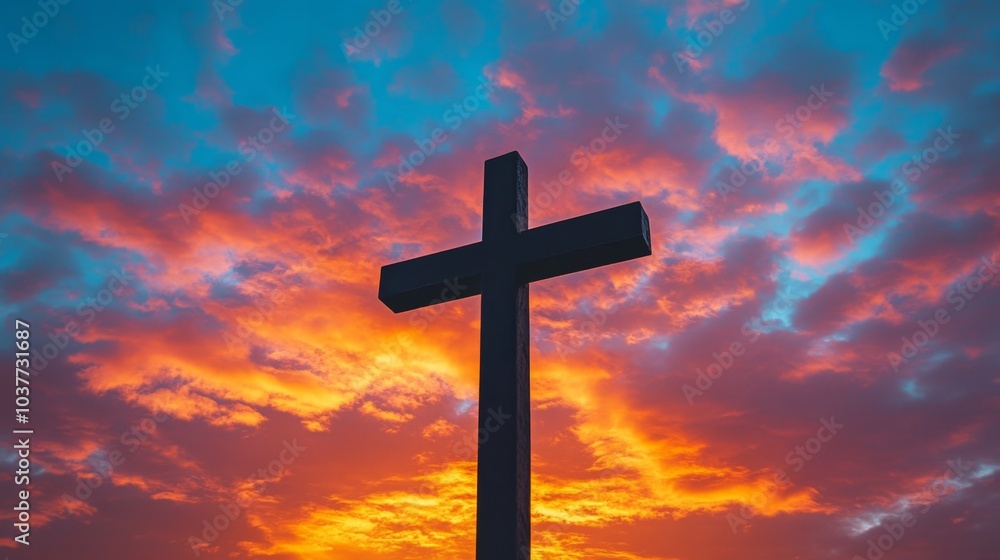 Silhouette of a cross against a vibrant sunrise sky with orange and blue hues, symbolizing faith and hope Silhouette of a cross against a vibrant sunrise sky with orange and blue hues, symbolizing faith and hope