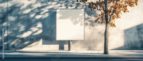 A white, blank billboard stands on the side of an urban street, with sunlight casting shadows and trees in front of it. 