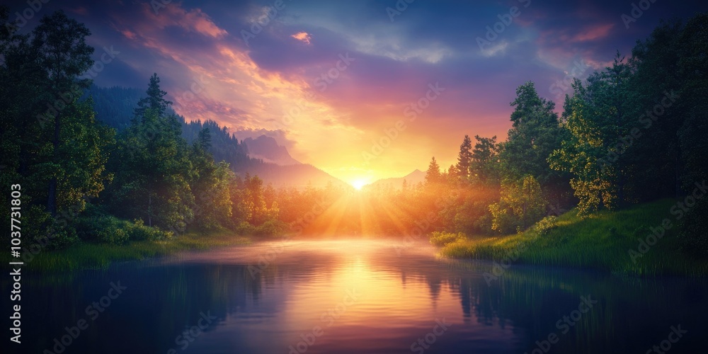 Obraz premium Tranquil summer forest with a serene lake and a vibrant sunset sky in the background, Serene forest landscape with tranquil lake and vibrant sunset sky