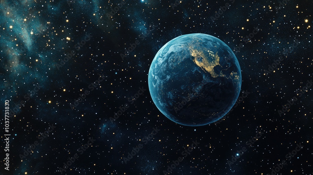 3D cartoon depiction of a blue planet surrounded by stars in space 3D cartoon depiction of a blue planet surrounded by stars in space