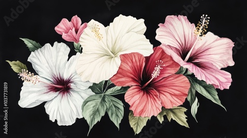 Watercolor illustration of diverse hibiscus tropical flowers in neutral white and green tones against a black background Floral design