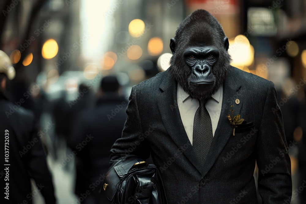 Gorilla Dressed in a Suit and Tie Walking Through the Streets of a Busy City, Blending with Urban Life Gorilla Dressed in a Suit and Tie Walking Through the Streets of a Busy City, Blending with Urban Life