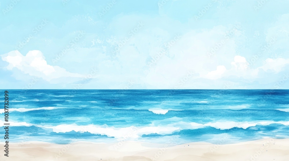 Obraz premium Endless Beautiful Sea And Ocean Water With A Perfect Clear Sky On The Horizon Relaxing Summer Vacation Concept Modern Style Watercolor Abstract Artwork