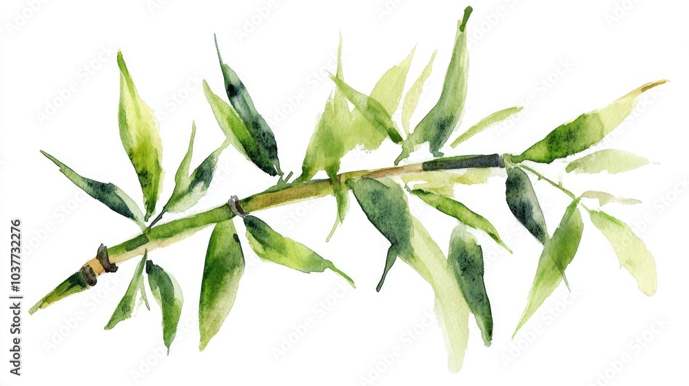 Fototapeta premium Isolated green bamboo painted in watercolor on a white background