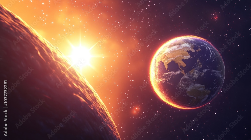 Fototapeta premium 3D cartoon illustration featuring Earth in the cosmos alongside a bright sun