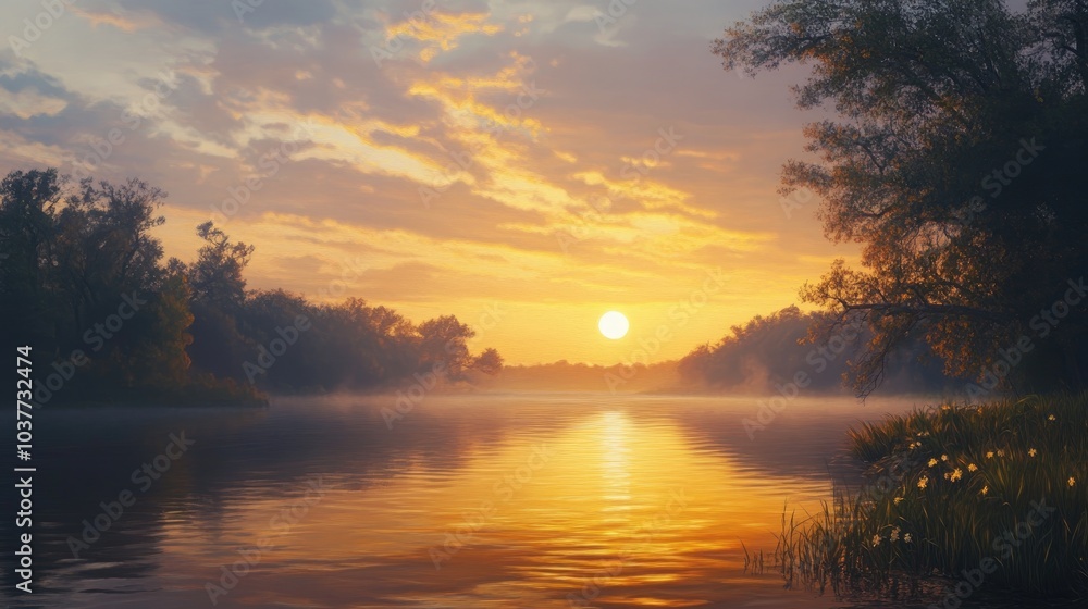 Oil painting depicting a serene sunrise over a river capturing the beauty of morning light and tranquil waters Oil painting depicting a serene sunrise over a river capturing the beauty of morning light and tranquil waters